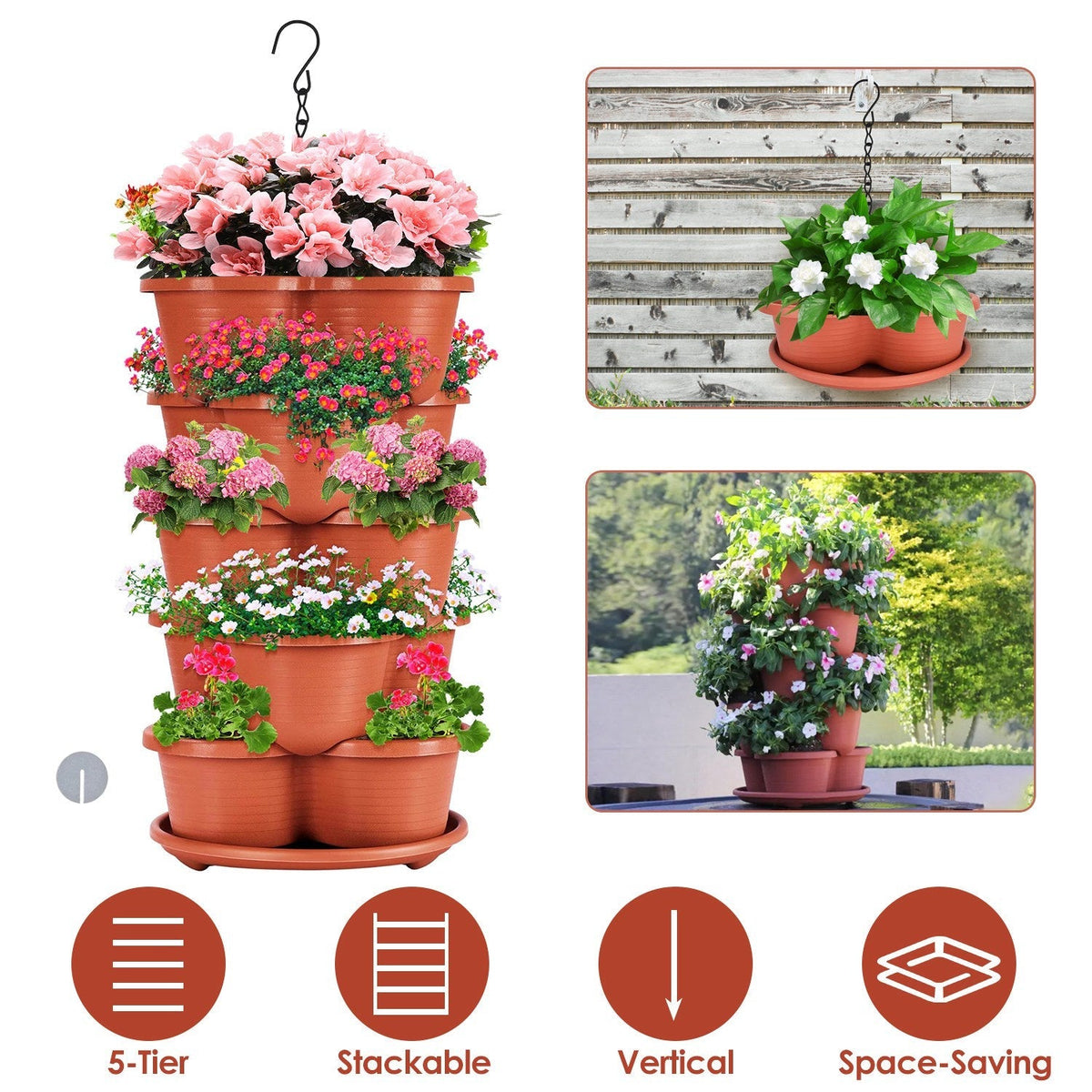 5 Tier Vertical Stackable Planter Garden Tower Stackable PlanterÊOutdoor Gardening Pots for Strawberries Flowers Herbs Vegetables