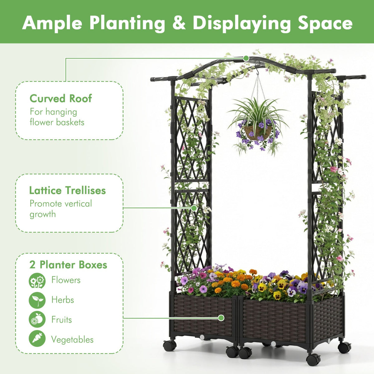 5 FT Self-Watering Planter Boxes with Lattice Trellis and Roof