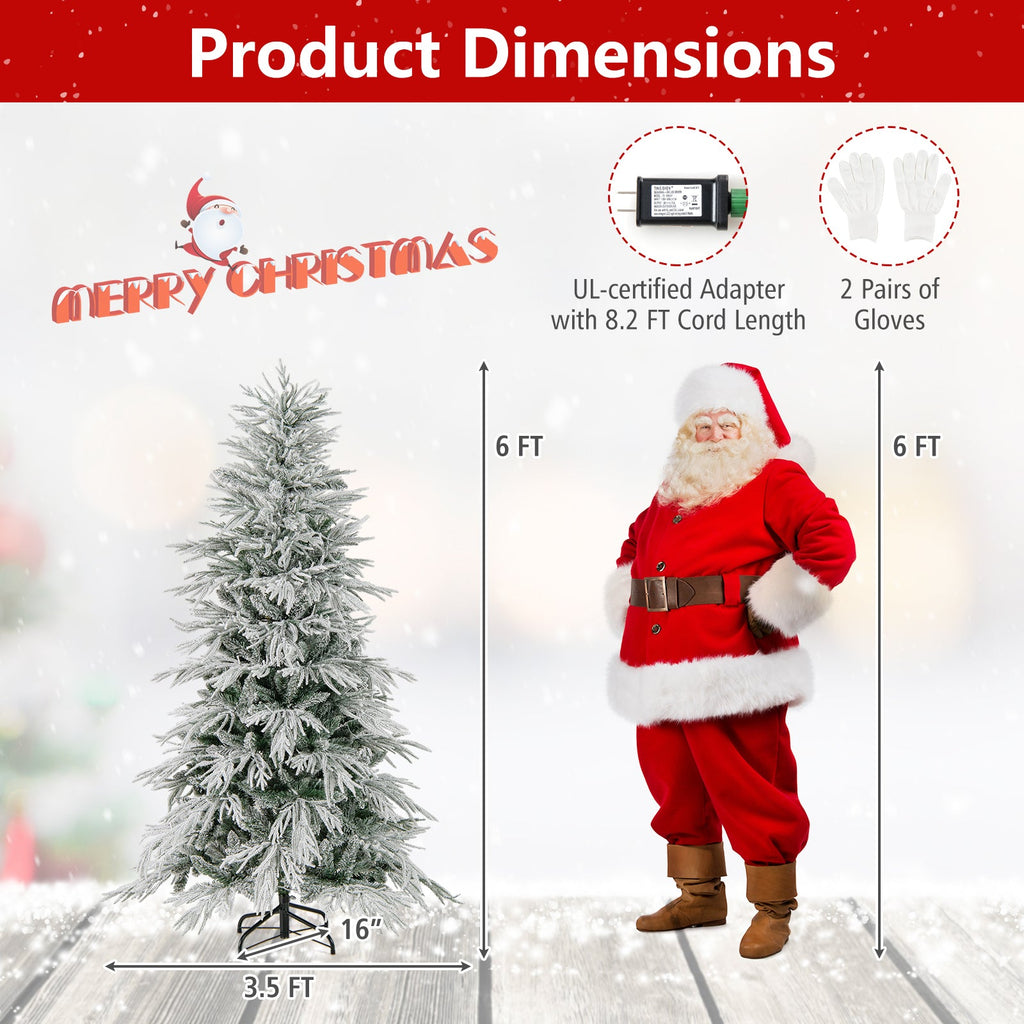 7 Feet Snow-flocked Artificial Christmas Tree Pre-lit Hinged Xmas Tree with Warm White LED Lights