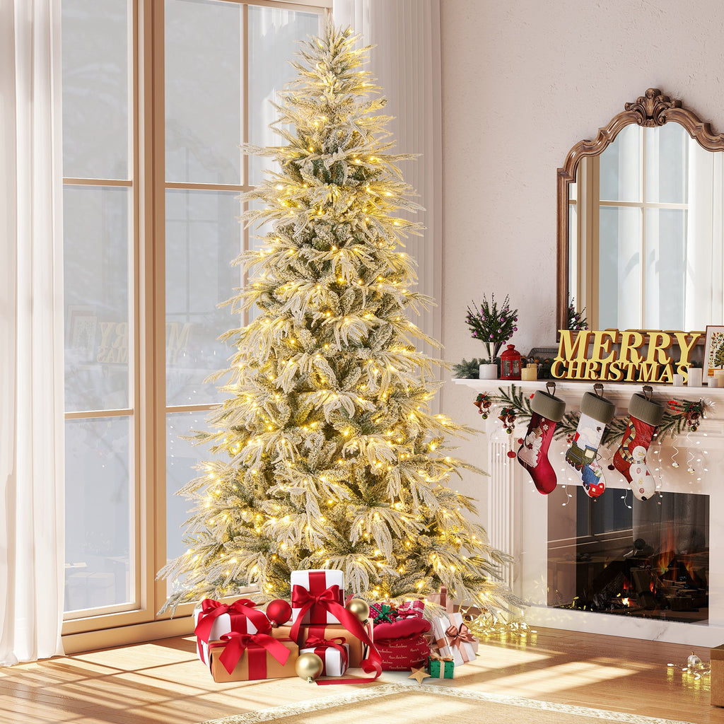 7 Feet Snow-flocked Artificial Christmas Tree Pre-lit Hinged Xmas Tree with Warm White LED Lights