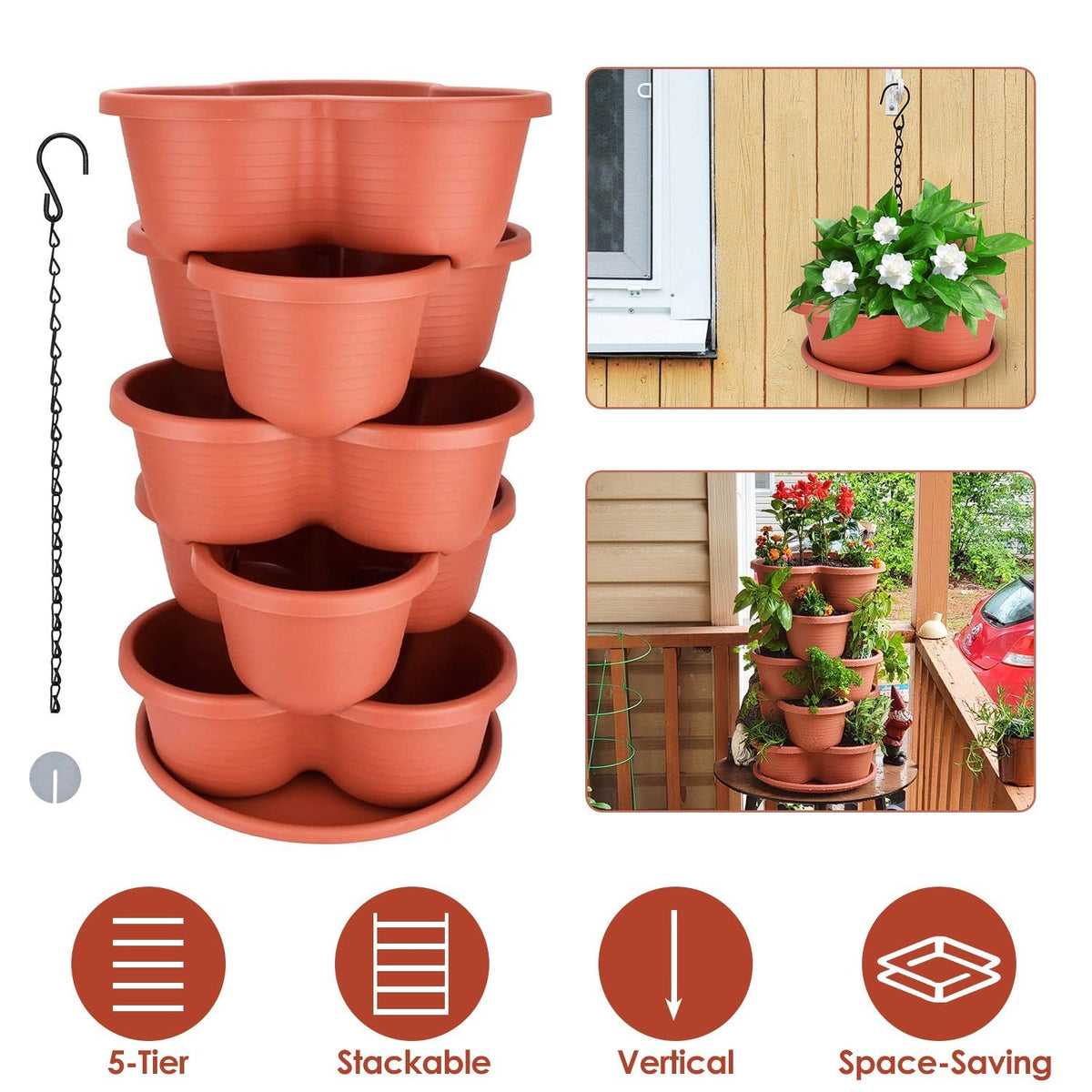 5 Tier Vertical Stackable Planter Garden Tower Stackable PlanterÊOutdoor Gardening Pots for Strawberries Flowers Herbs Vegetables
