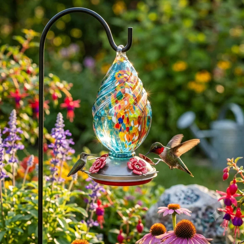 Aqua Confetti Teardrop Hand Blown Glass Humming Bird Feeder RC40B