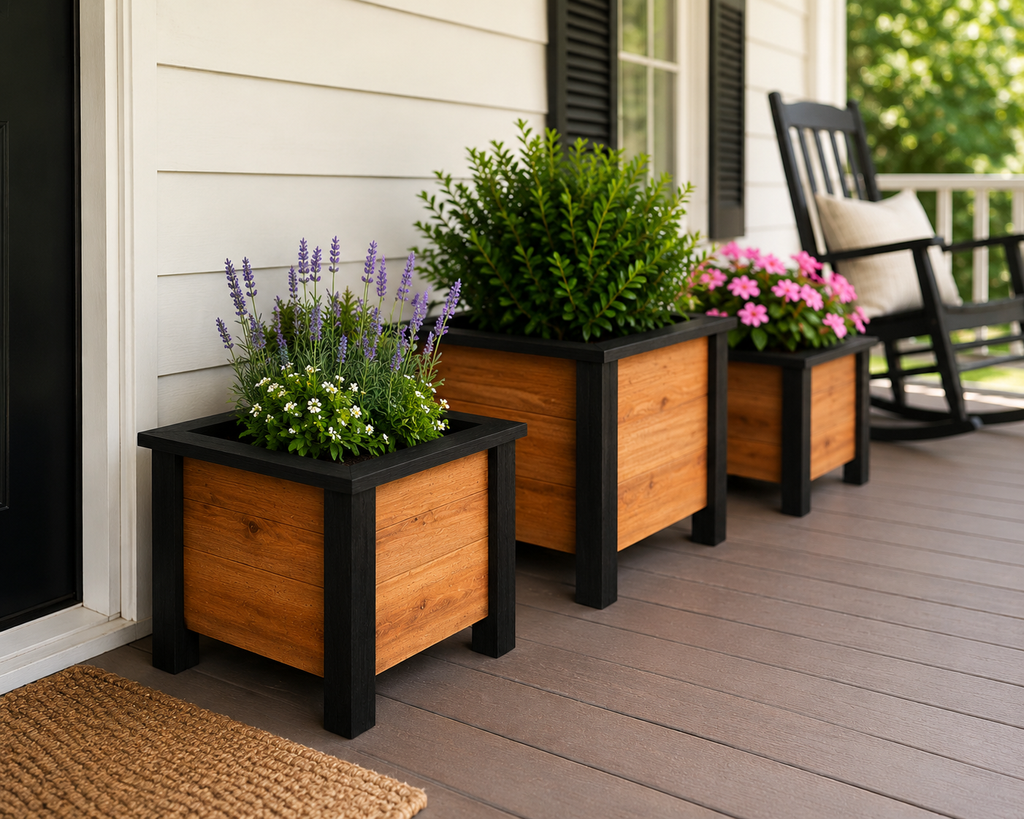 Handmade Cedar Planter Box 16x16x16 | Outdoor Wooden Flower Planter | Raised Garden Planter | Available Natural Cedar or Black Stained Trim | Porch & Patio Decor
