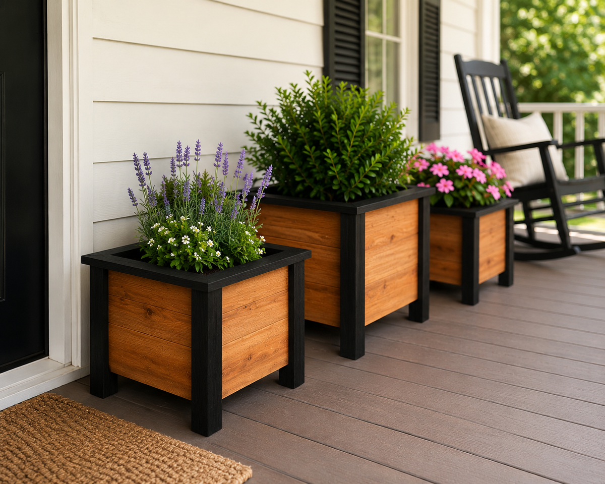 Handmade Cedar Planter Box 16x16x16 | Outdoor Wooden Flower Planter | Raised Garden Planter | Available Natural Cedar or Black Stained Trim | Porch & Patio Decor