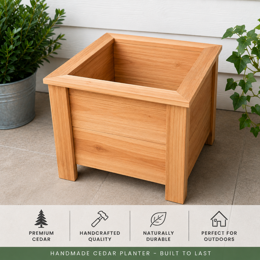 Handmade Cedar Planter Box 16x16x16 | Outdoor Wooden Flower Planter | Raised Garden Planter | Available Natural Cedar or Black Stained Trim | Porch & Patio Decor