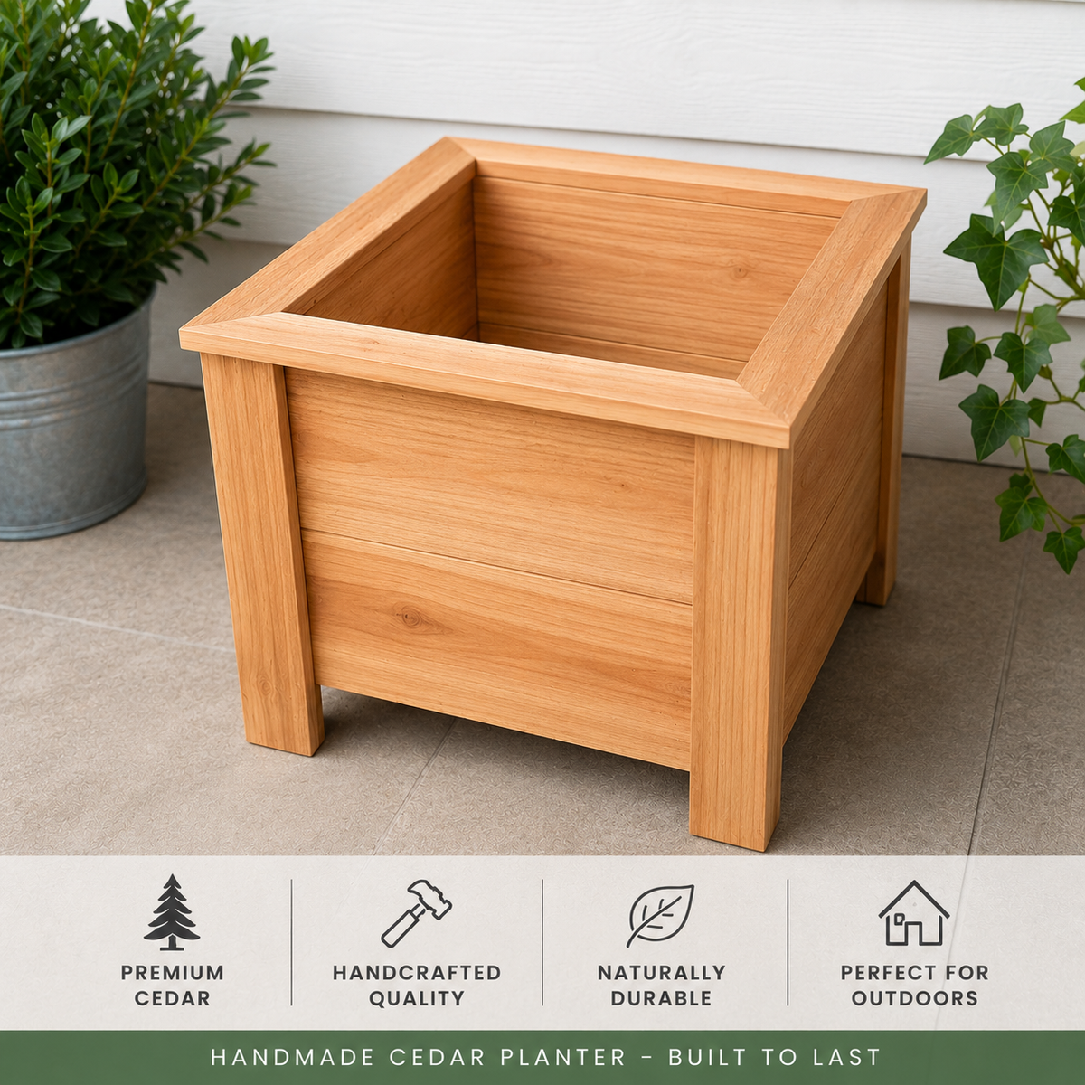 Handmade Cedar Planter Box 16x16x16 | Outdoor Wooden Flower Planter | Raised Garden Planter | Available Natural Cedar or Black Stained Trim | Porch & Patio Decor