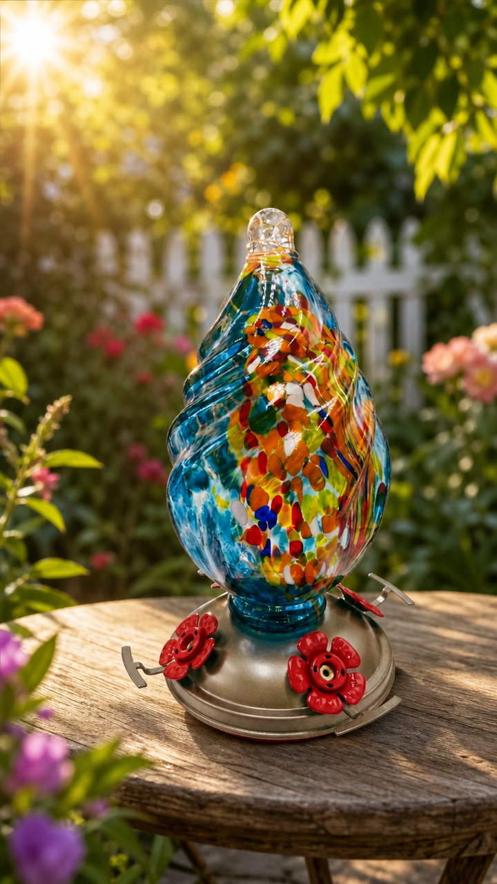 Aqua Confetti Teardrop Hand Blown Glass Humming Bird Feeder RC40B