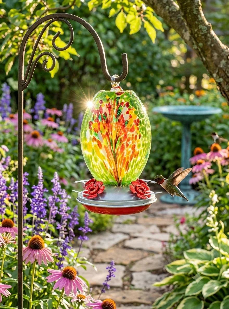 Aqua Confetti Teardrop Hand Blown Glass Humming Bird Feeder RC40B