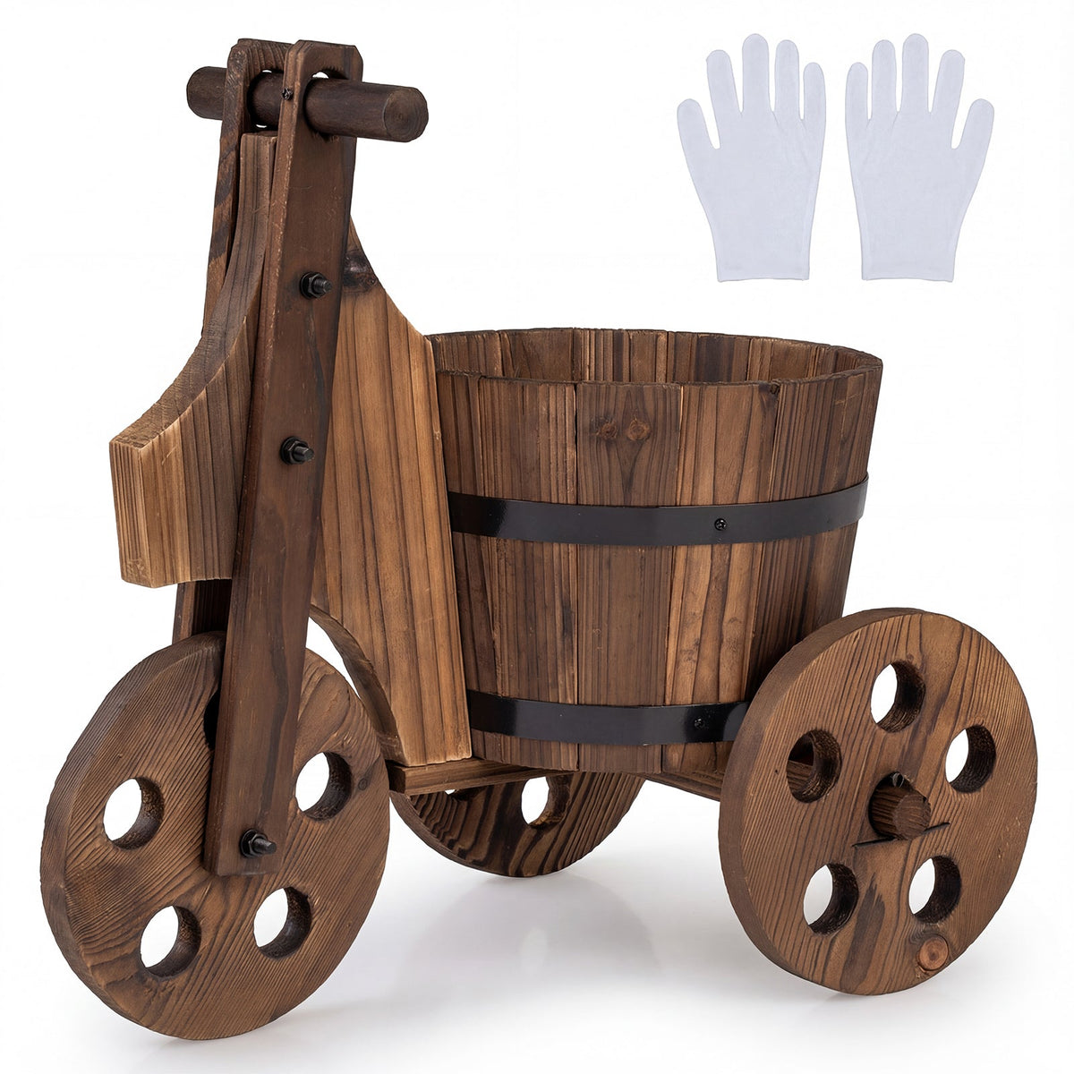 Rustic Wood Tricycle Planter Barrel Flower Pot Cart with Drainage Hole-Coffee