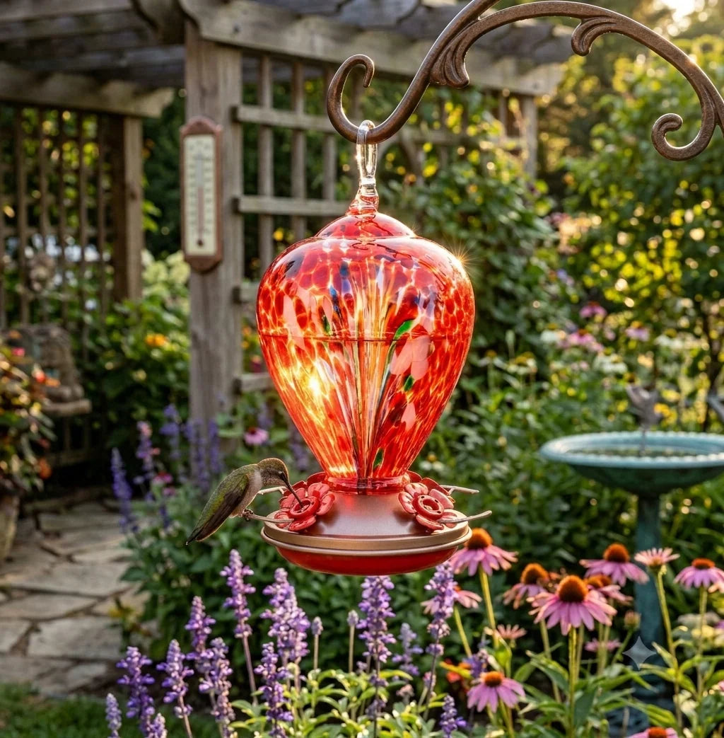 Aqua Confetti Teardrop Hand Blown Glass Humming Bird Feeder RC40B