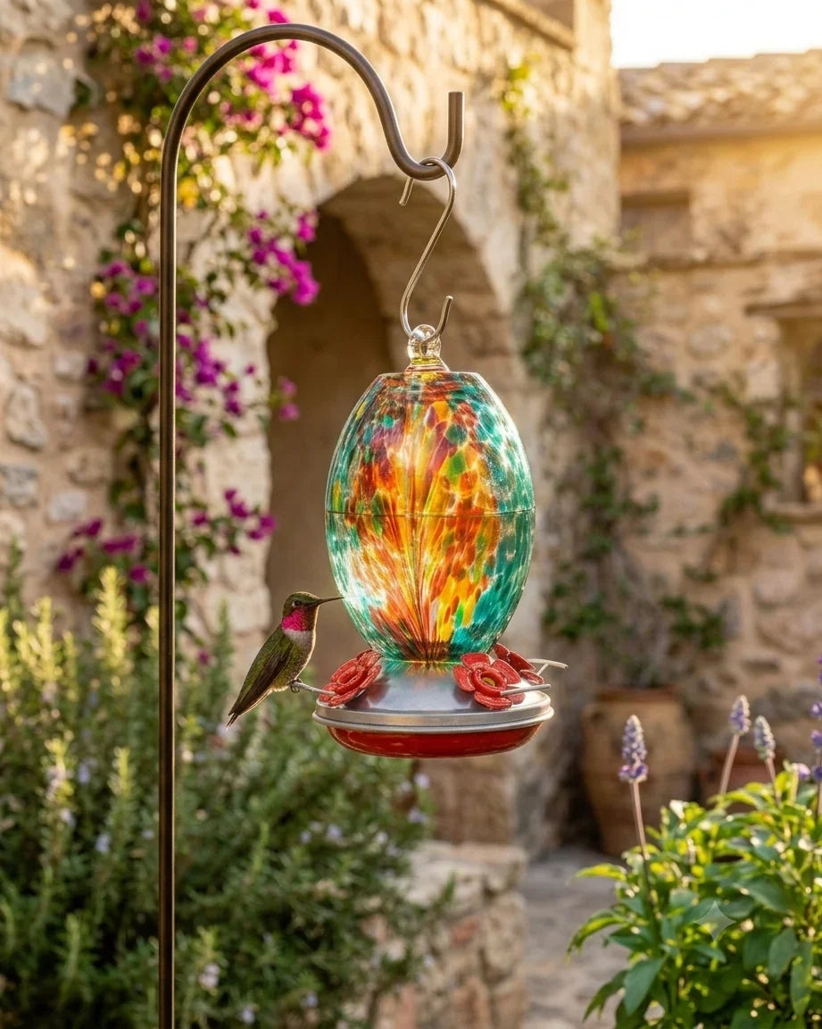 Aqua Confetti Teardrop Hand Blown Glass Humming Bird Feeder RC40B