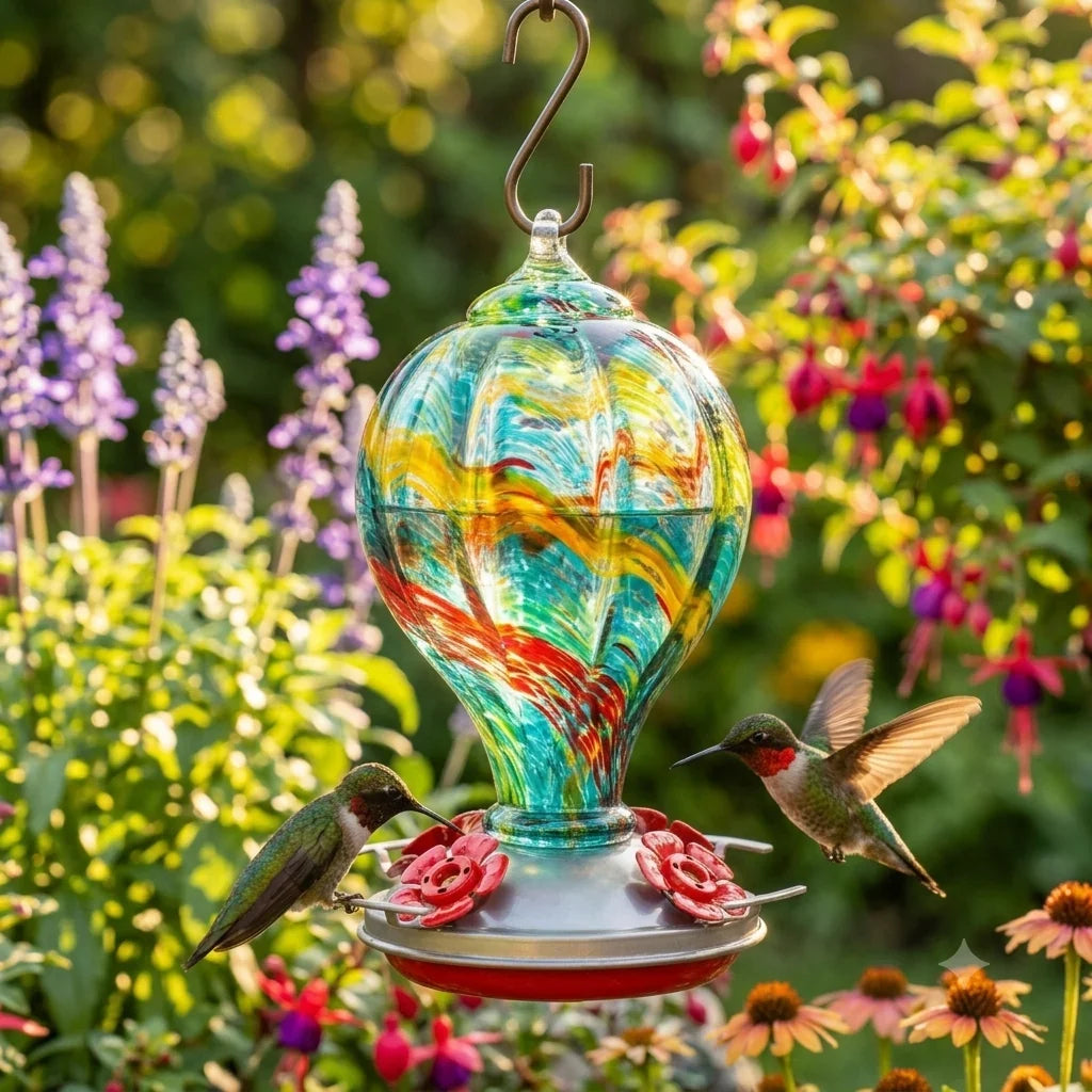 Aqua Confetti Teardrop Hand Blown Glass Humming Bird Feeder RC40B