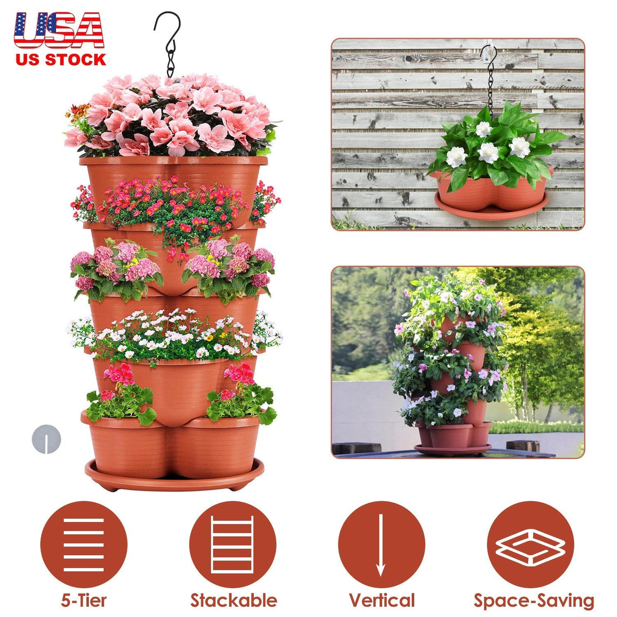5 Tier Vertical Stackable Planter Garden Tower Stackable PlanterÊOutdoor Gardening Pots for Strawberries Flowers Herbs Vegetables