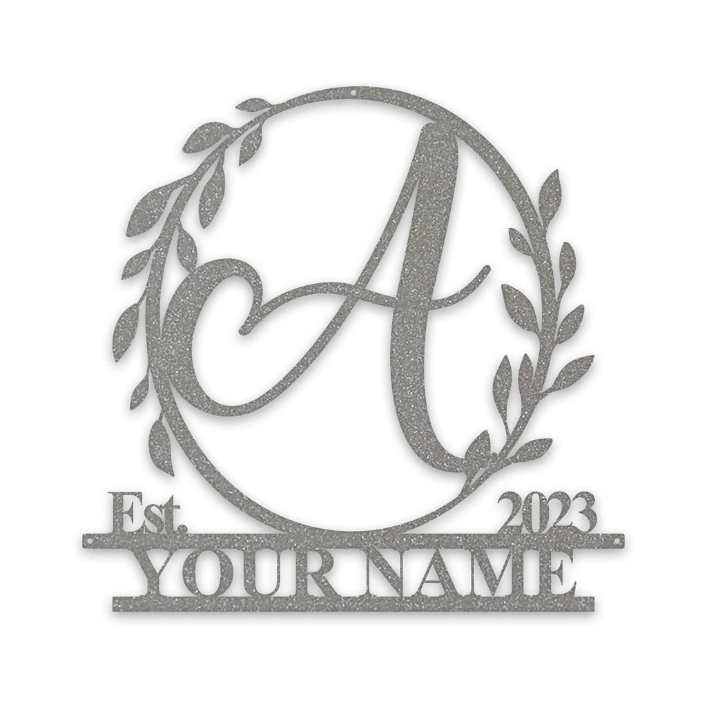 Wreath Monogram Name & Date Metal Sign