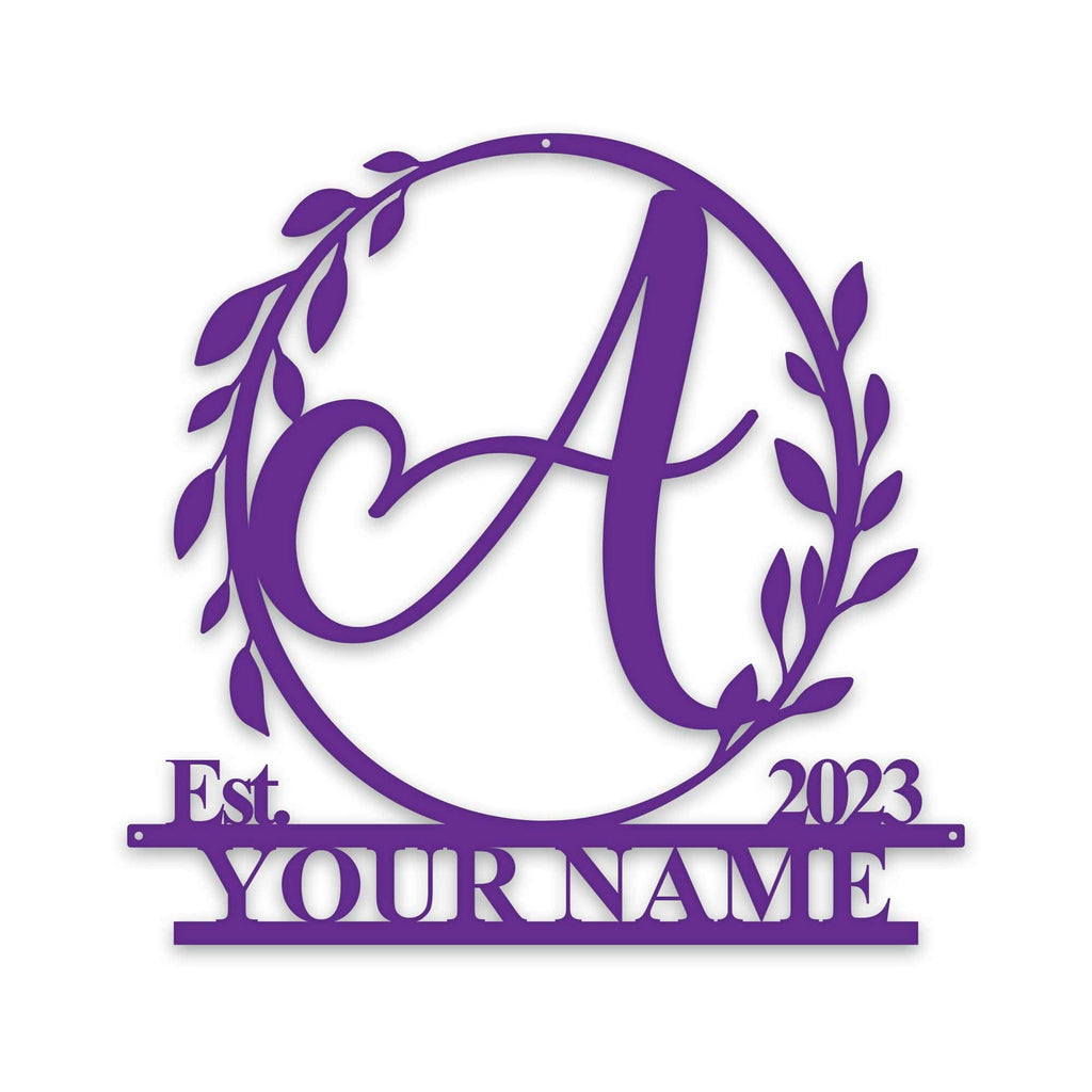 Wreath Monogram Name & Date Metal Sign